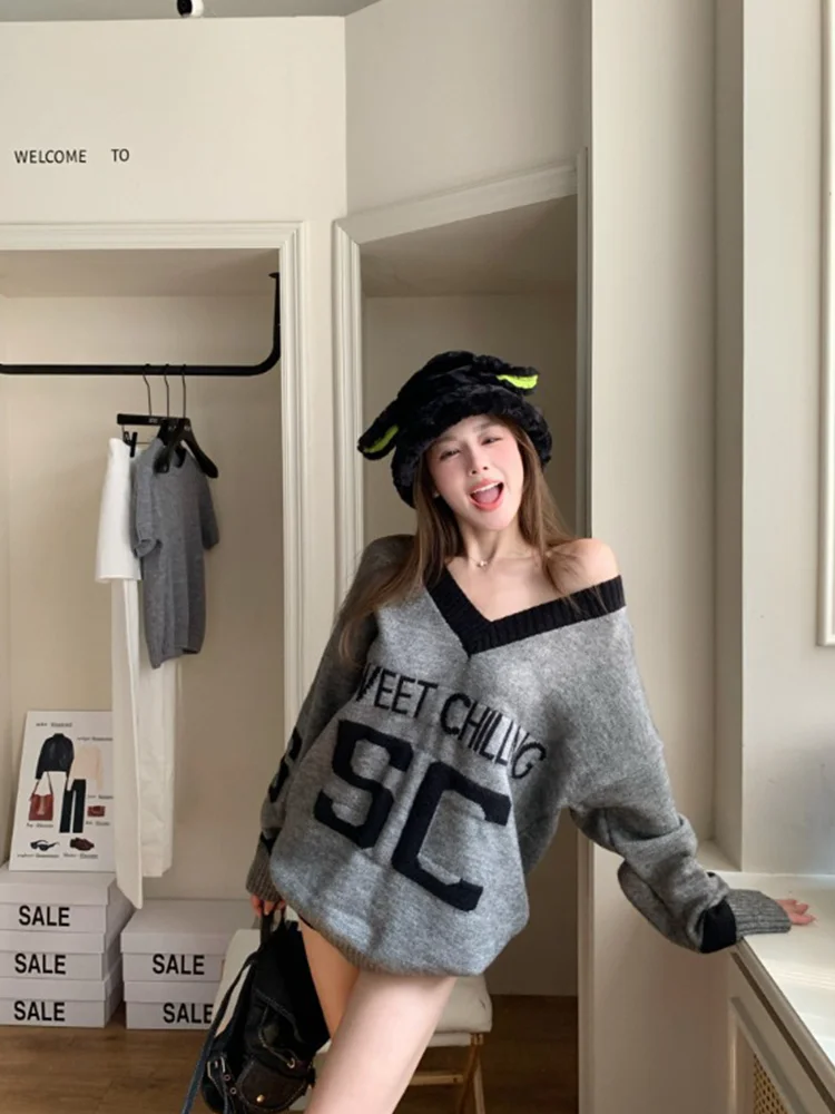 Qiake Girl ~ свитер контрастного цвета с вышивкой букв женский осенний шикарный
