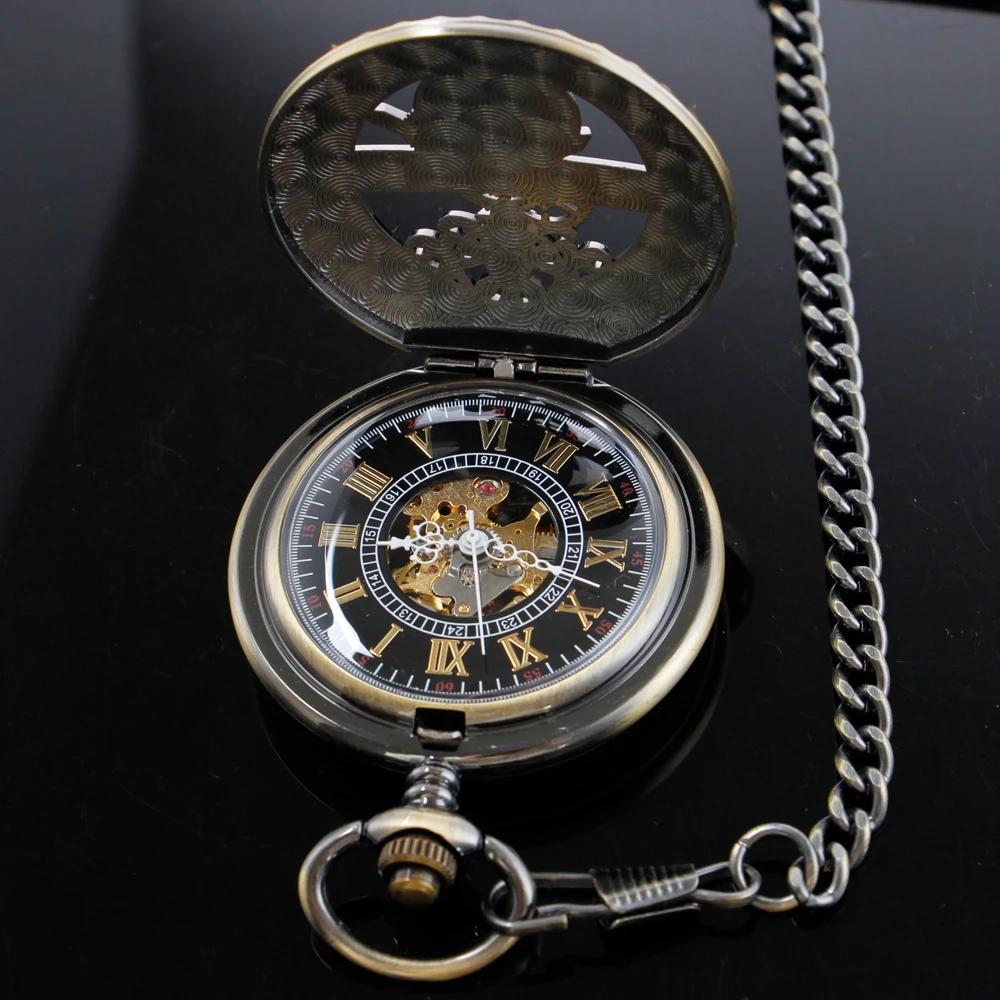 Antique Moon Phase Flywheel Gear Relief Steampunk Mechanical Pocket Watch Retro Gentleman Analog Signal Clock Lady Jewelry Gift