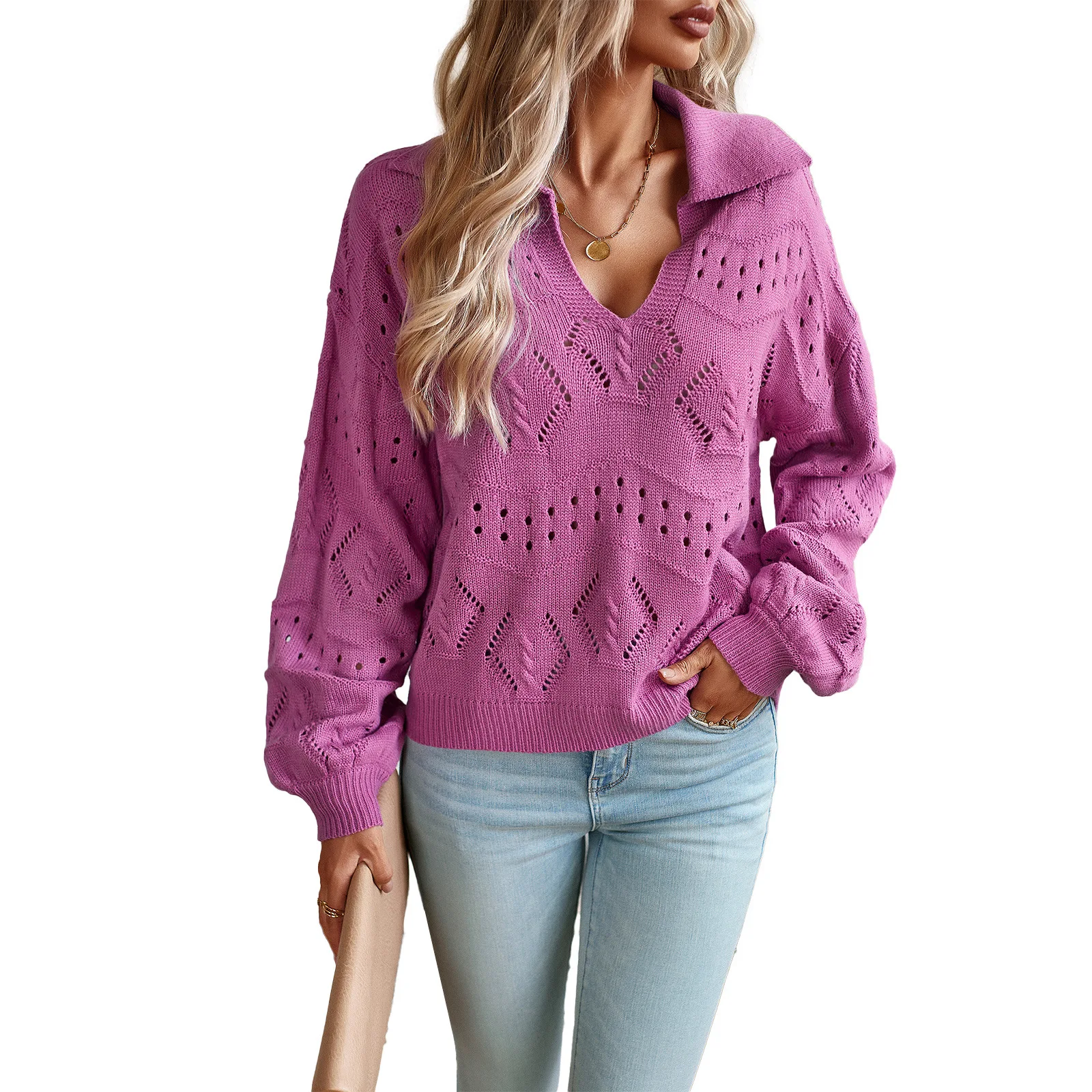 

Sweater Women's Autumn and Winter POLO Collar Long Sleeve Knitted Top