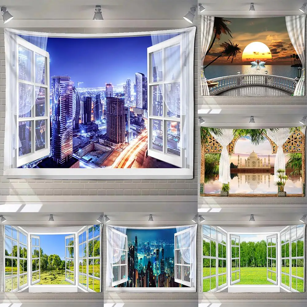 

Faux Window Beach Forest Tapestry Wall Hanging Boho Style Mandala 3DPrint Sea Sunrise Landscape Wall Decoration Hanging Cloth