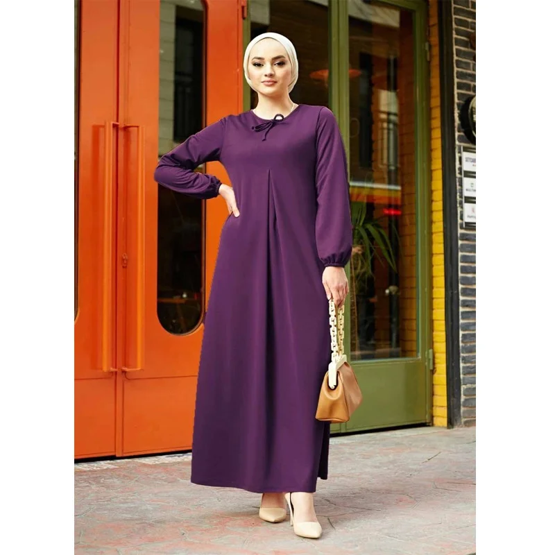 

Fashion New Muslim Women's Solid Round Neck Long Sleeve Elastic Cuffs Elegant Dress Türkiye Dubai Casual Dress