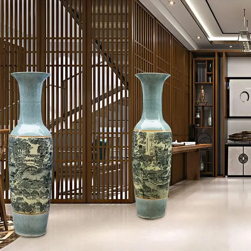 Фото Керамическая посуда, живопись Qingming Shanghe, антикварная напольная большая ваза, китайское классическое украшение для гостиной №3