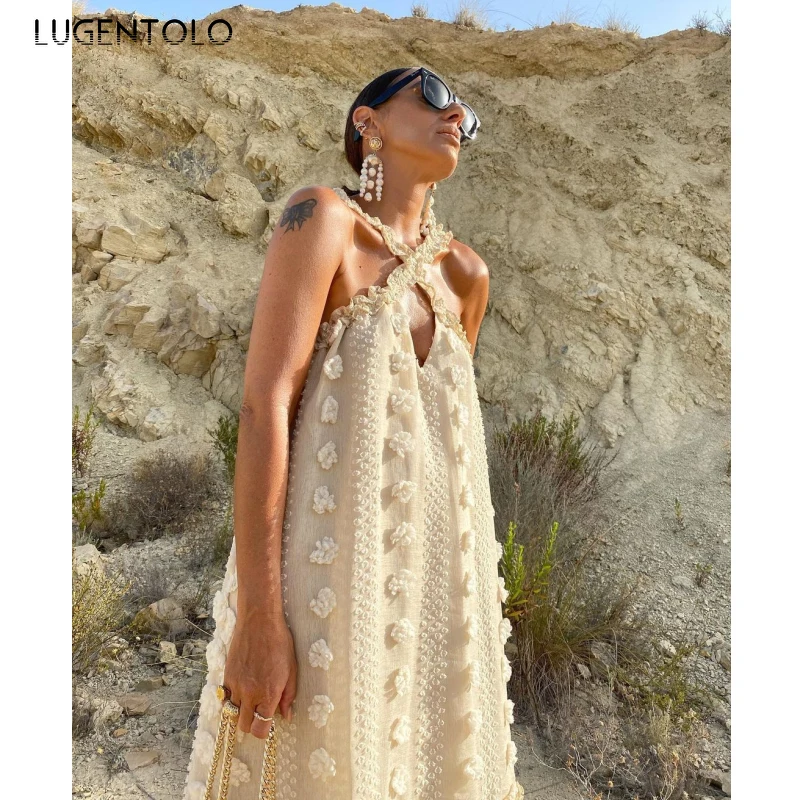 

Women Sexy Dress Halter Sleeveless Solid Loose Big Swing Summer Dresses Female Fashion Thin Cake Long Dress