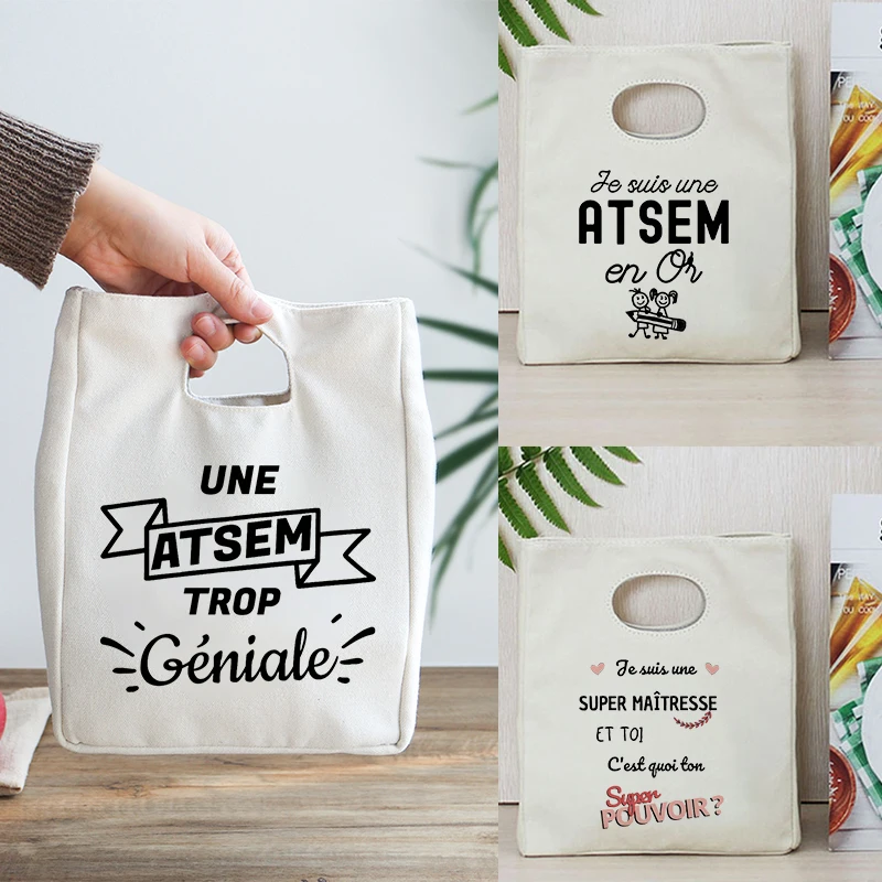 

Merci Atsem Print Functional Cooler Lunch Bag Portable Insulated Canvas Bento Thermal School Food Storage Bags Teacher Gifts
