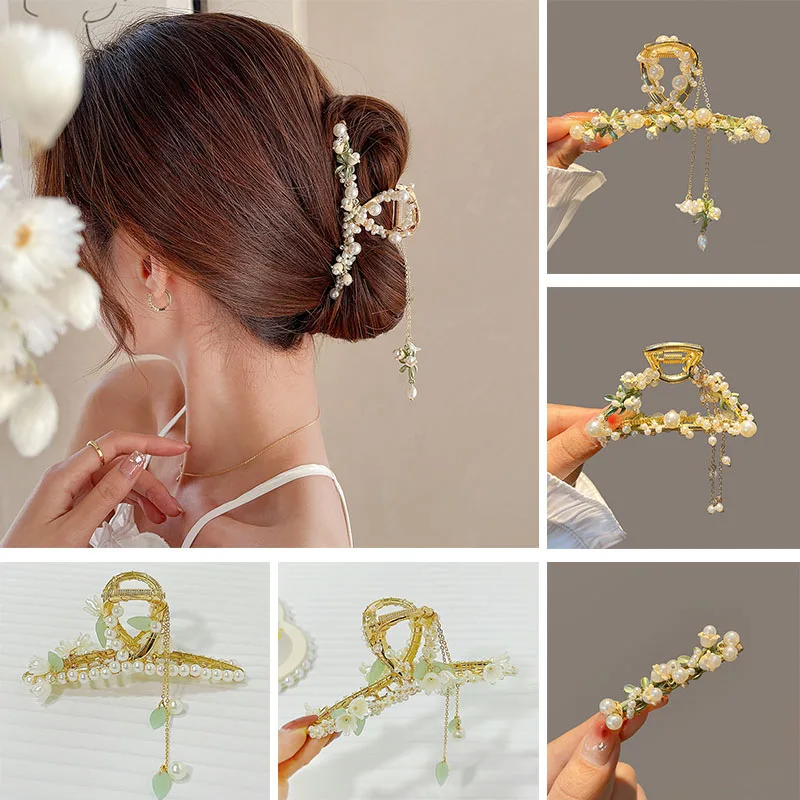 

VANIKA Elegant Handmade Lily of The Valley Hair Claws Headwear For Women Trendy Pearl Tassel Hair Clips Classical Hanfu Heawear