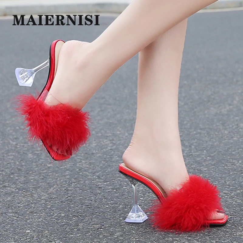 

New Brand Women Shoes Slippers 2020 Summer Square Toe Fish Mouth Wine Glass High Heels 9CM Female Fashion Plus Size Hairy Shoes