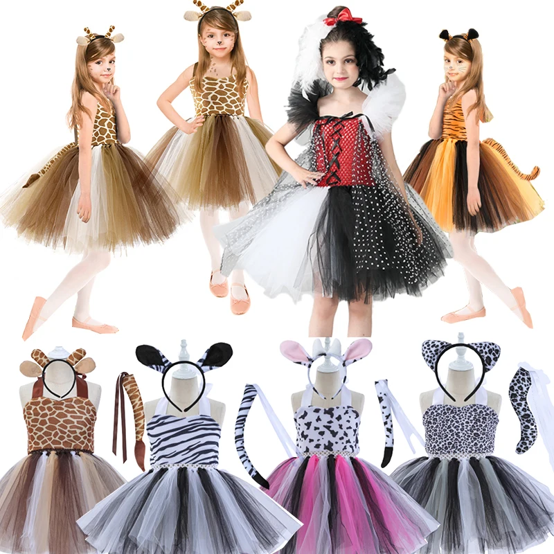 

2022 Disney Halloween Girl Cruella Cosplay Costume For Children Animal Theme Cows Tiger Tutu Party Dress Performance Dance Sets