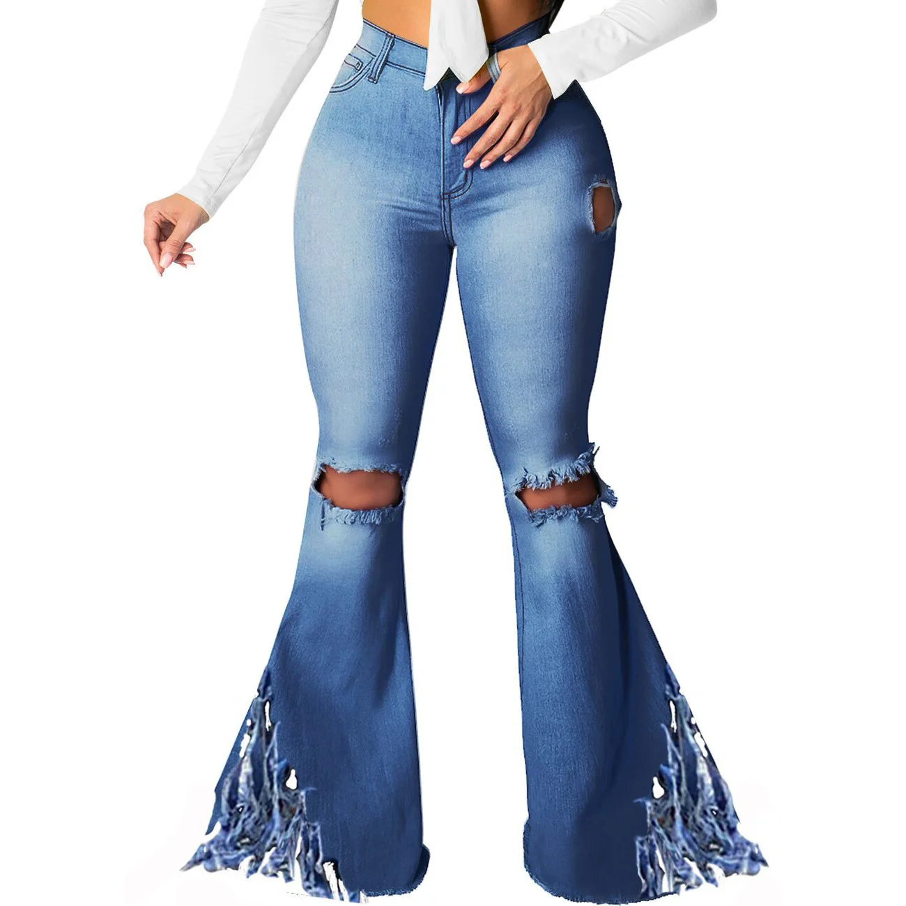2021 Vintage Skinny Flared Denim Pants Women Streetwear Solid Cut Out Hole Ripped Jeans High Waist Tassels Plus Size Trousers