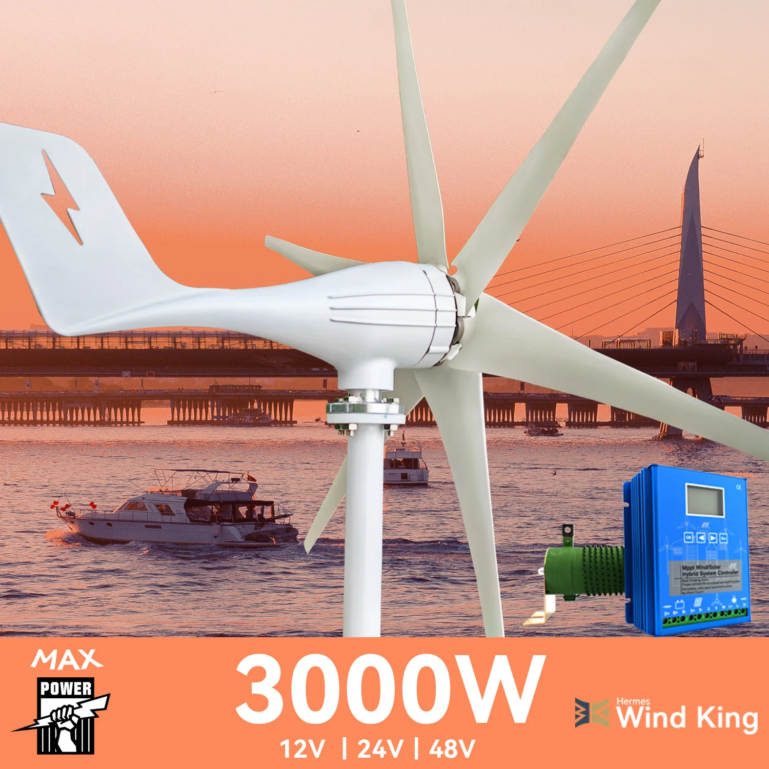 

【Higher Power】3000W Wind Turbine High Efficiency Windmill With MPPT Charger/Hybrid Solar System, HomeUse 6 Blades Horizontal