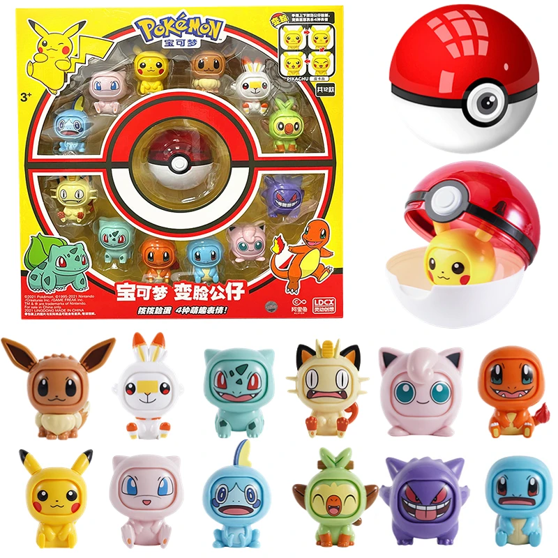 

Genuine Pokemon Anime Pikachu Bulbasaur Pokeball Model Set Eevee Gengar Mewtwo Action Figure Face-Changing Doll Elf Ball Toys