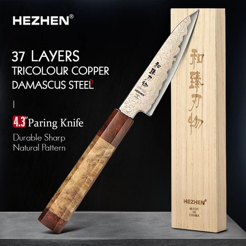 HEZHEN 4,3-дюймовый нож для очистки овощей, 37 слоев дамасской стали, кухонные инструменты на заказ, стальной сердечник 12Cr18MoV, деревянная подарочная коробка