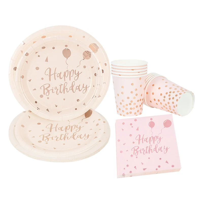 

10/20Pcs Paper Plates Cups Napkins Happy Birthday Party Disposable Tableware Set Rose Gold Kids Adult Birhday Baby Shower Decor