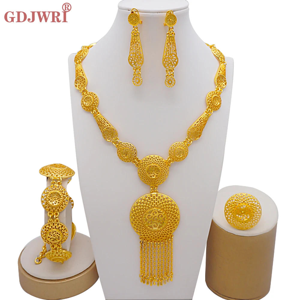 

Jewelry Sets Ethiopian Gold Color Arabia Necklace Bracelet Earring Ring For Women Indian Dubai African Party Bridal Gifts