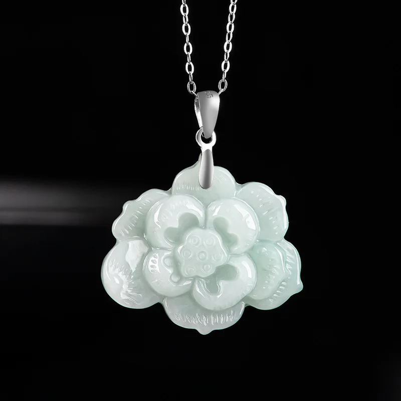 

Mai Chuang/Hand Carved/ Jade Silver inlaid blooming lotus Emerald Necklace Pendant Fashion Elegant Jewelry Men Women Couple Gift