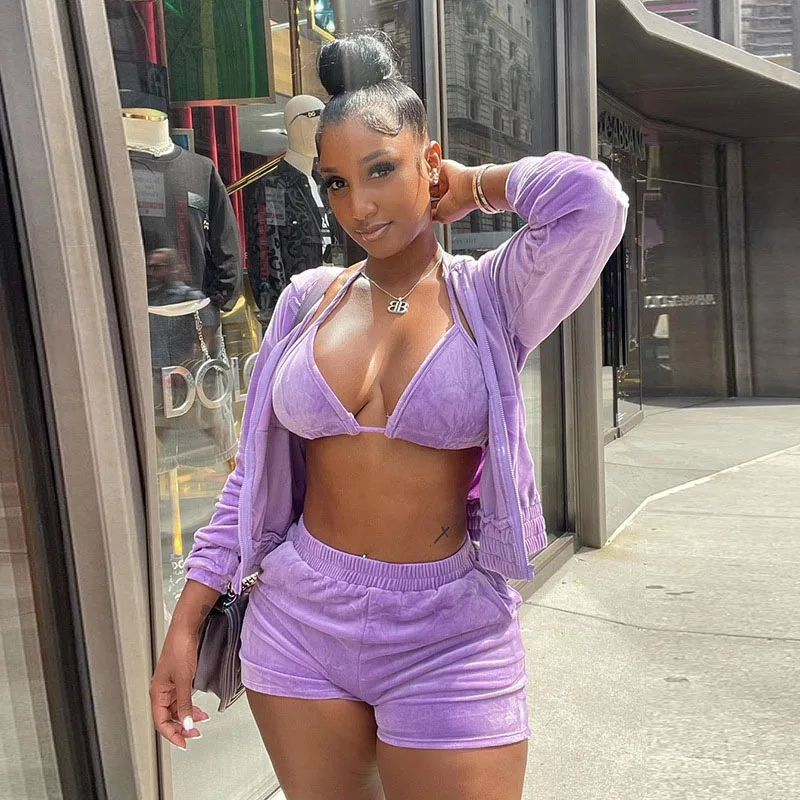 

Three Piece Sexy Velvet Outfits Plush Crop Top and Hooded Cardigan Coat+Shorts Women Tracksuit Sets Casual Sports Sweatshirt Set