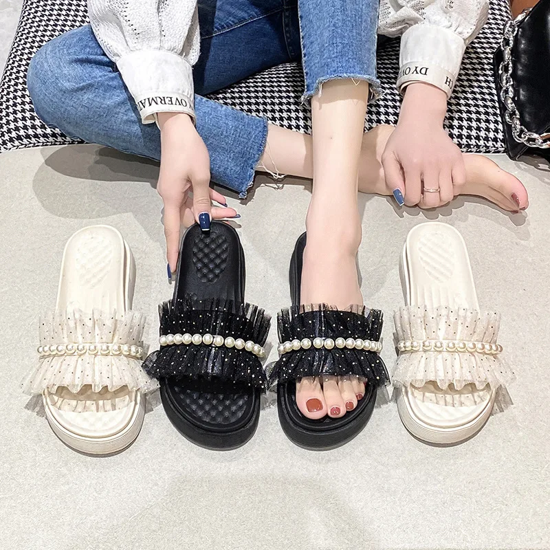 

Shoes Woman 2022 House Slippers Platform String Bead Pantofle Low Luxury Slides New Designer Fabric Rome Hoof Heels Rubber Basic