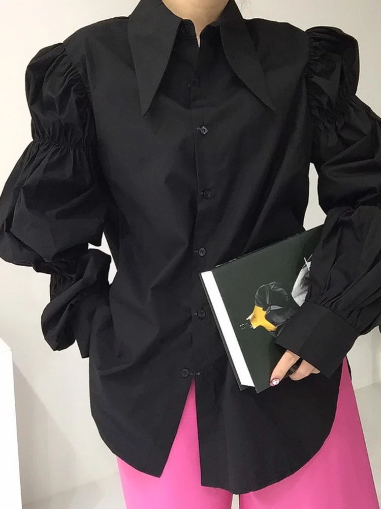 

Korean Chic Vintage Turn-down Collar Long Sleeve Shirt Women's 2023 Spring Pleated Puff Sleeved Top Loose Femme Blusas Y203