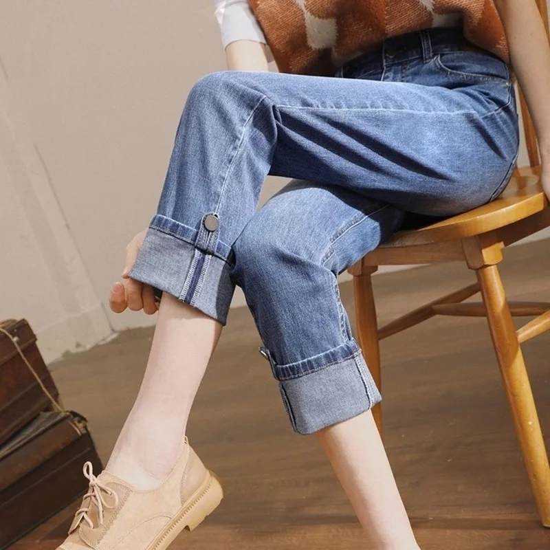Rolled Jeans Women's Straight Loose 2022 New Spring and Summer Thin Nine-point Pants High Waist Cigarette Pants Women