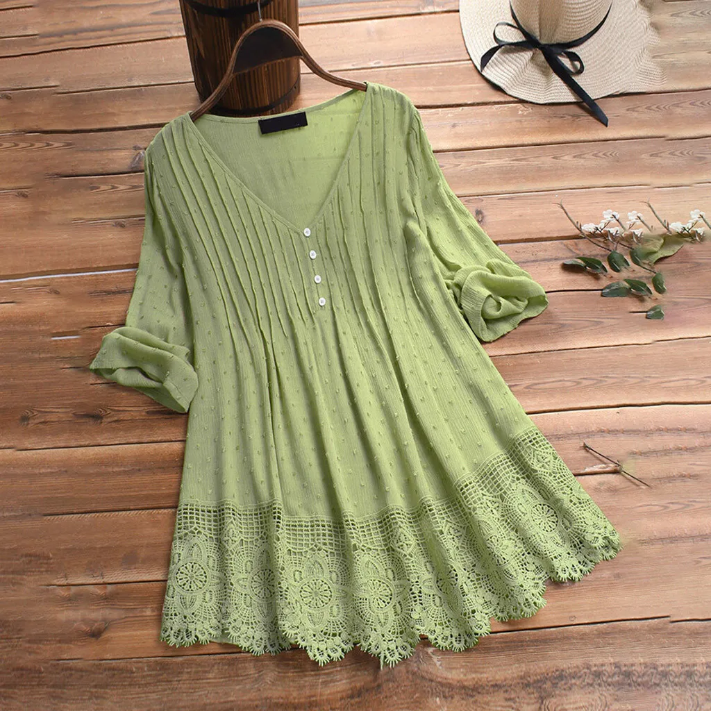 

T-Shirt Vintage Size Lace V-Neck Three Blouse Quarter Top Ruffled Women Women's Blouse