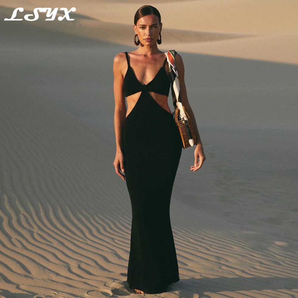 

Женское платье-Русалка на тонких бретельках LSYX, Черное вечернее платье до пола без рукавов и с открытой спиной, из спандекса, 2023