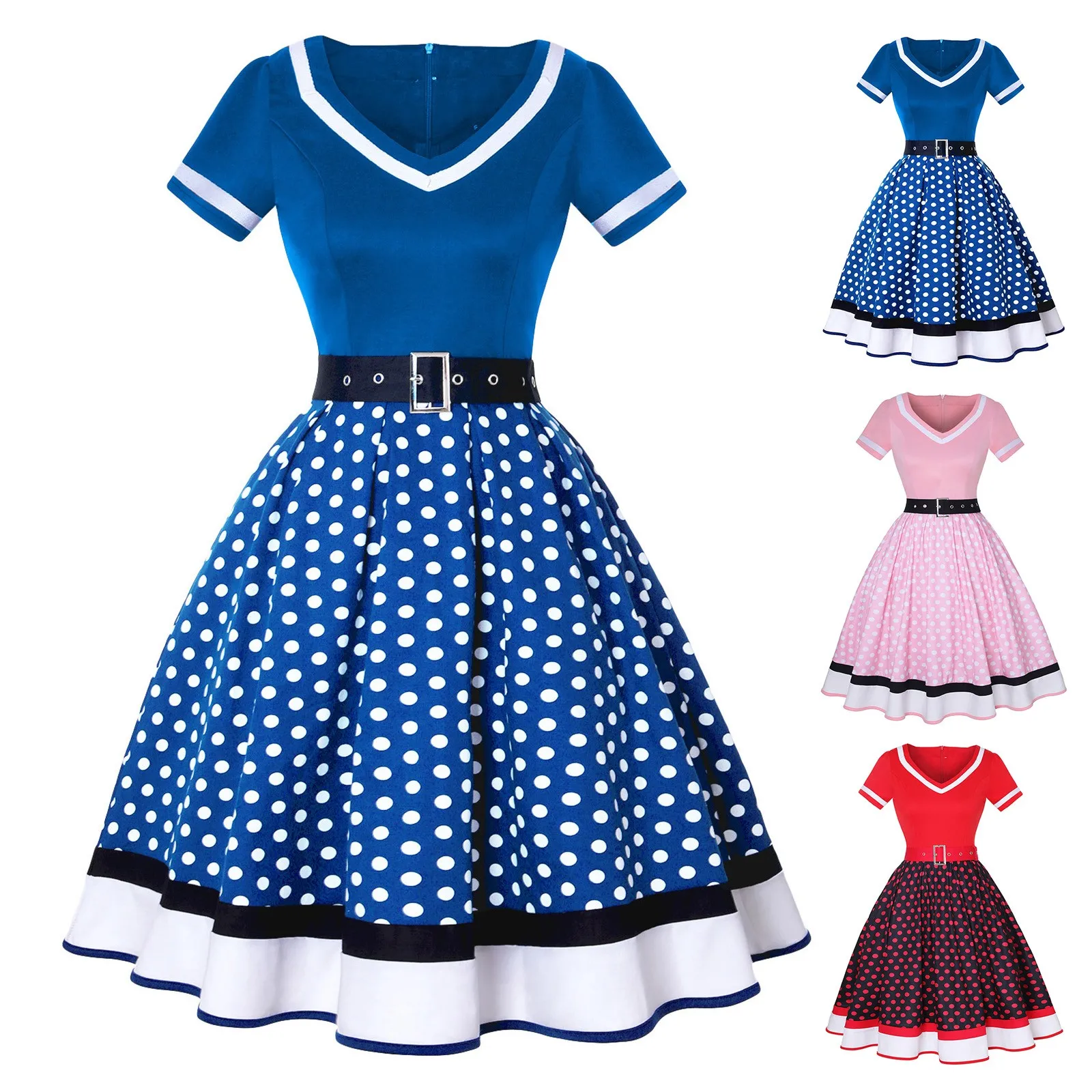

Women's Retro V Neck Bobbing Dress Cotton Maxi Dress for Women