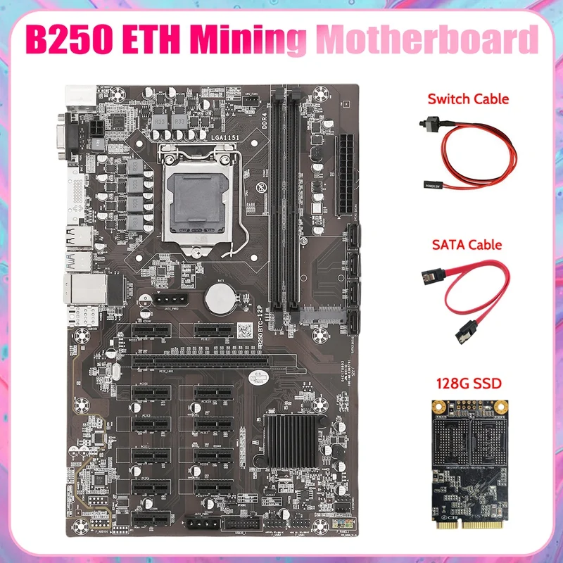 B250 ETH Mining Motherboard+128G MSATA SSD+SATA Cable+Switch Cable LGA1151 DDR4 12Xgraphics Card Slot SATA For BTC Miner