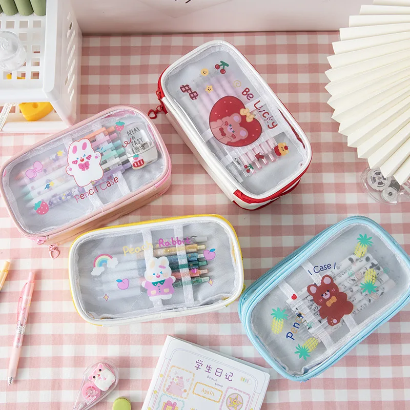 

Transparent Kawaii Cartoon Bear Bunny Pencil Case Huge Capacity 3 Layer Multifunctional Trousse Scolaire Cosmetic Bag