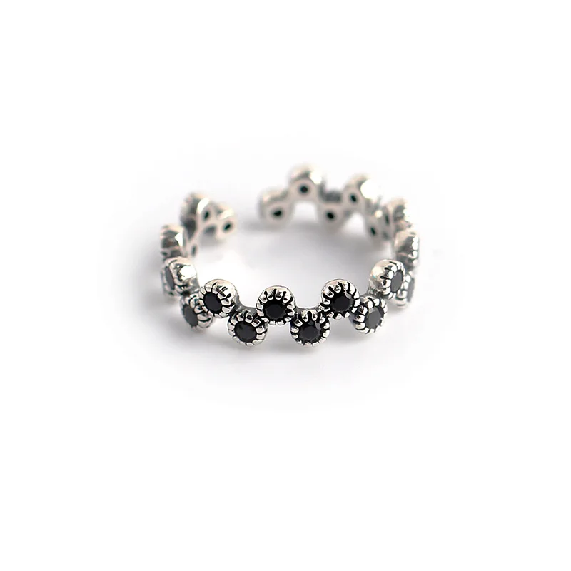 

Wave shaped Silver Ring Vintage Personality Black Zircon S925 Sterling Silver Simple Open Ring Handpiece
