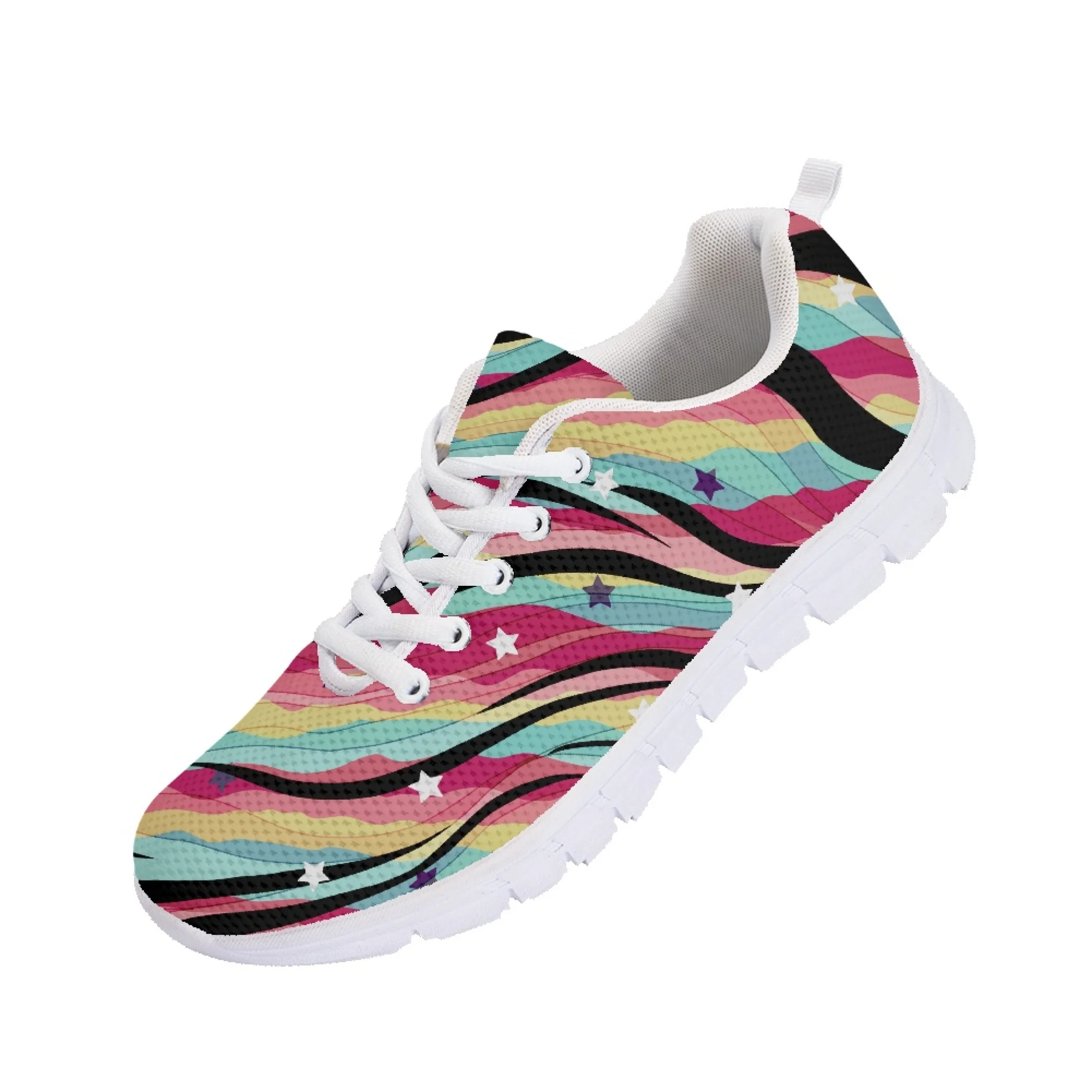 Yikeluo Abstract Stripe Pattern Design Ladies Casual Sneakers Comfort Girls Lace up Flat Shoes for Women Footwear Walking Shoes