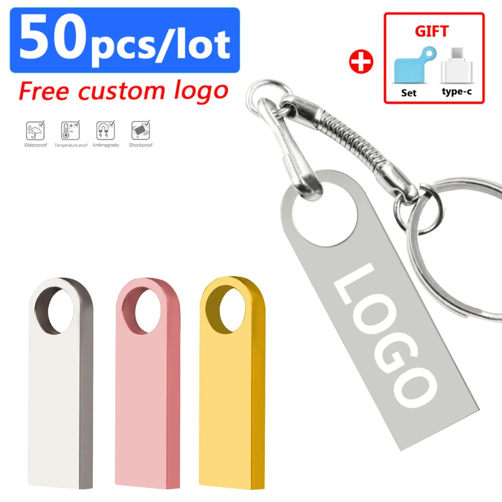 50Pcs/Lot Free Custom LOGO USB Flash Drive 2GB 4GB 8GB 2.0 Pen Drive 16GB 32GB 64GB Pendrive Metal Cle Usb Sticks Business Gift