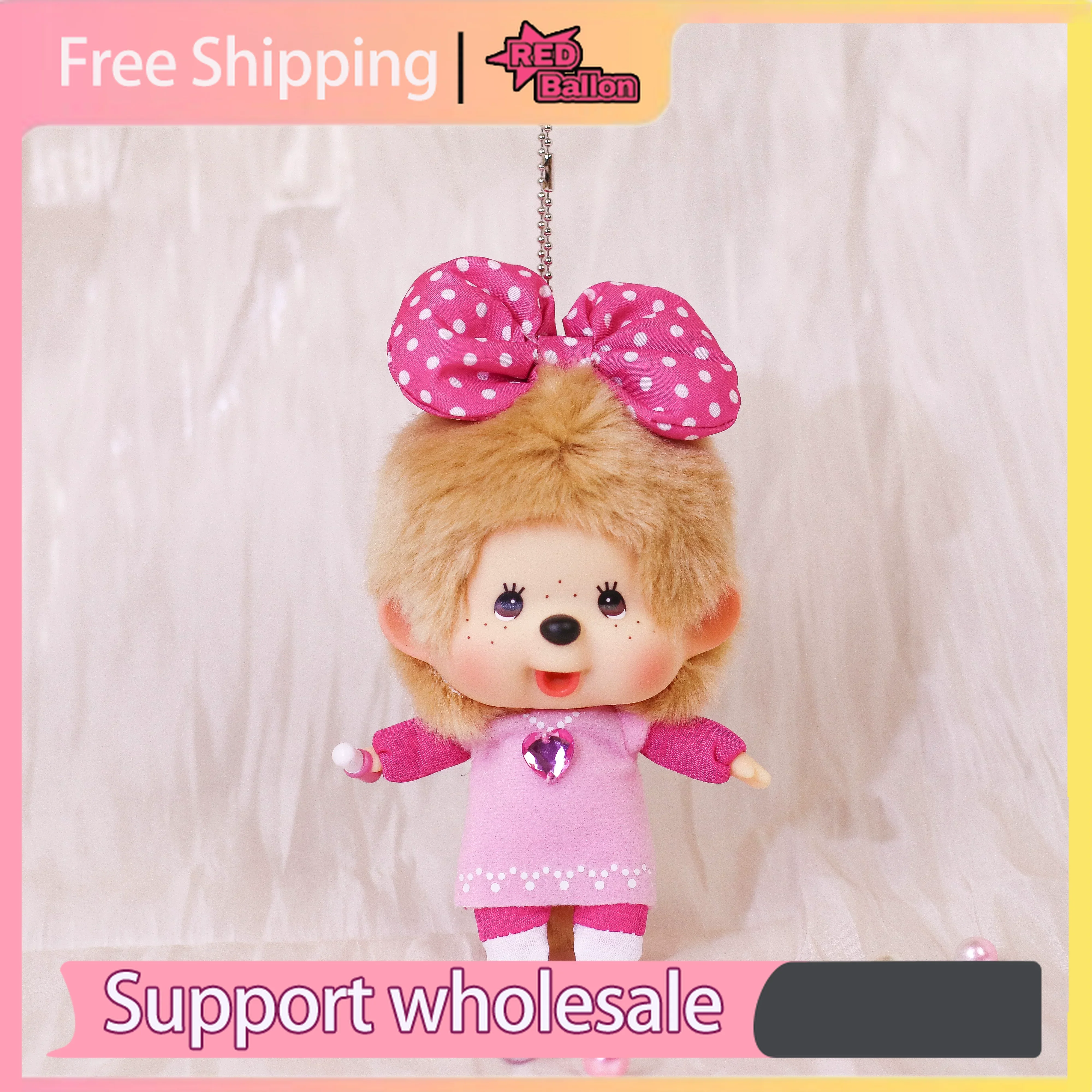 Фото Новинка: плюшевая кукла-брелок Monchhichi «Девочка-фермерша» с большим бантом и розовым сердцем из страз, подарок для девочек №1