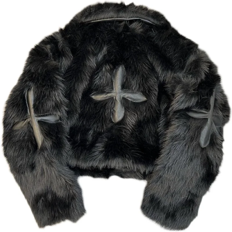 Winter Lapel Long Sleeve Patch Pu Personality Street Fashion Simulation Fox Fur Fur Lining