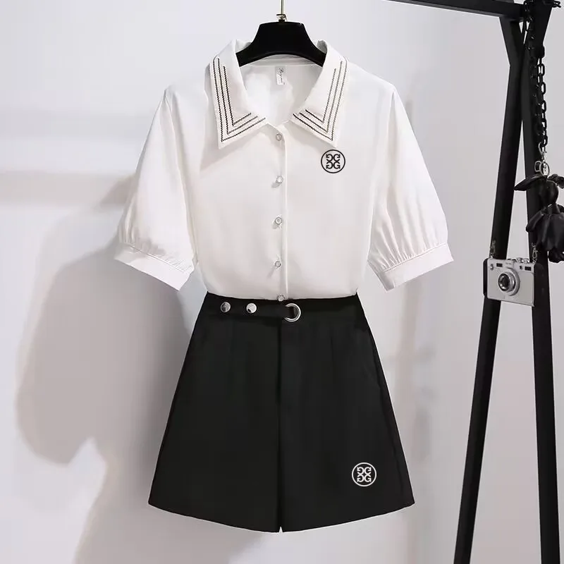 Women's High Waist Wide Leg Two-piece Set 2023 Summer Golf New Temperament Slimming Casual Shirt