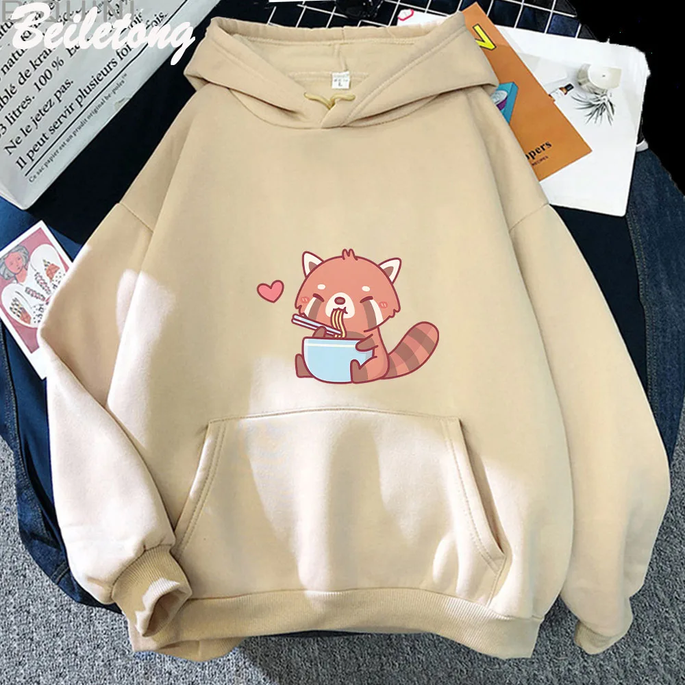 

Cute Little Red Panda Eating Ramen Lovely Printing Hoodie for Man Funny Kawaii Cartoon Woman Sweatshirt Winter Warm Hoody Female