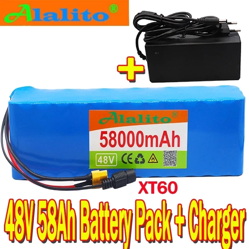 Paquete de batería de iones de litio para bicicleta eléctrica, enchufe XT60 de 48V, 58Ah, 1000w, 13S3P, 48V, 54,6 v, con BMS y cargador de 54,6 V