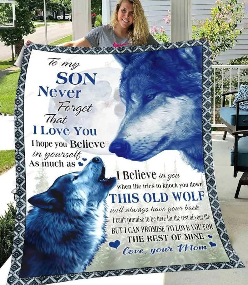 

To My Son Wolf Blanket, Wolf Fleece Sherpa Blue Blanket Gift For Baby Boy- Wolf Lover Gift Blanket