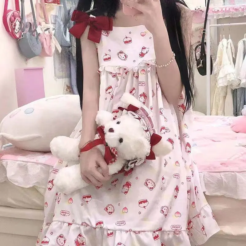 

2022 Summer Hello Kitty New Suspender Nightdress Women's Thin Short Sleeved Cartoon Cute Cinnamoroll Student Nightdress