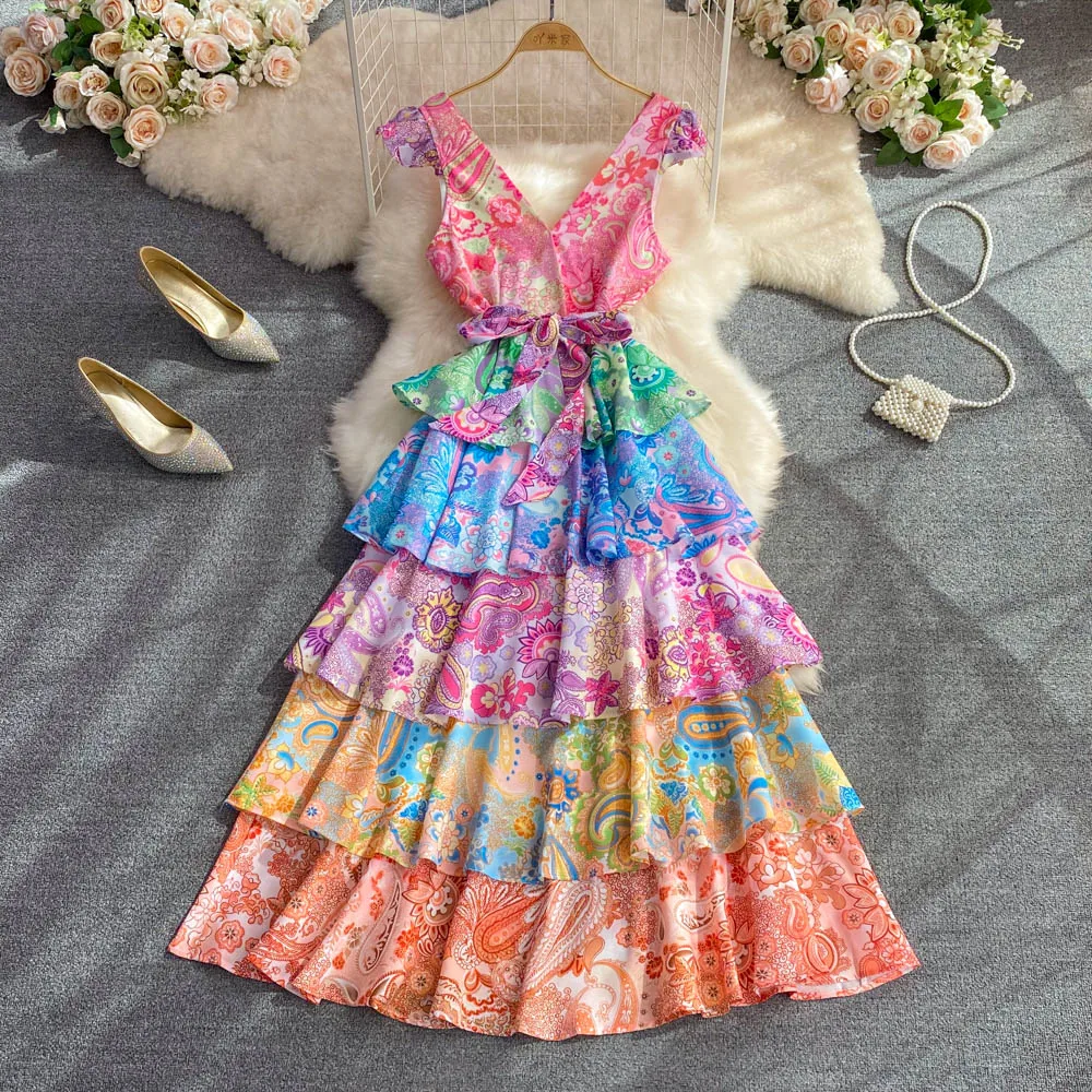 

SuperAen 2022 Summer Vintage V-neck High Waist Thin Printing Cake Ruffle Flying Sleeve A-LINE Casual Dress for Women