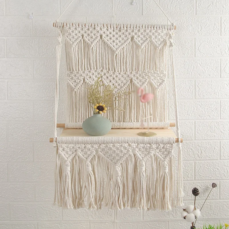

Bohemian Wooden Handmade Macrame Wall Hanging Rope Shelf Floating Plant Rack Stand Macrame Tapestry Home Decor Ornament Kitchen