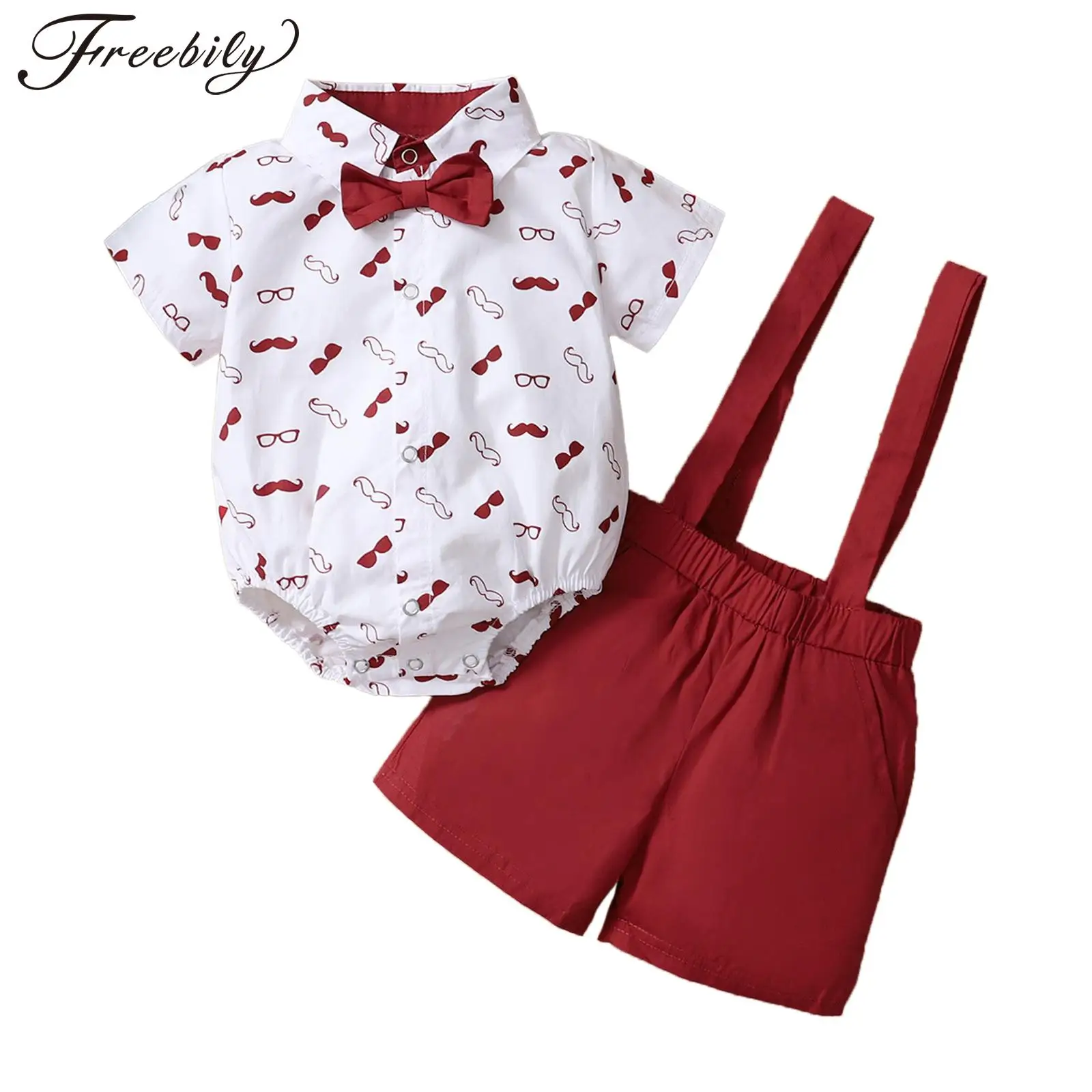 

Kids Boys Summer Jumpsuit Gentlemen Wear Solid Color Beard Glasses Print Suspenders Bow Little Gentleman Romper Little Boys