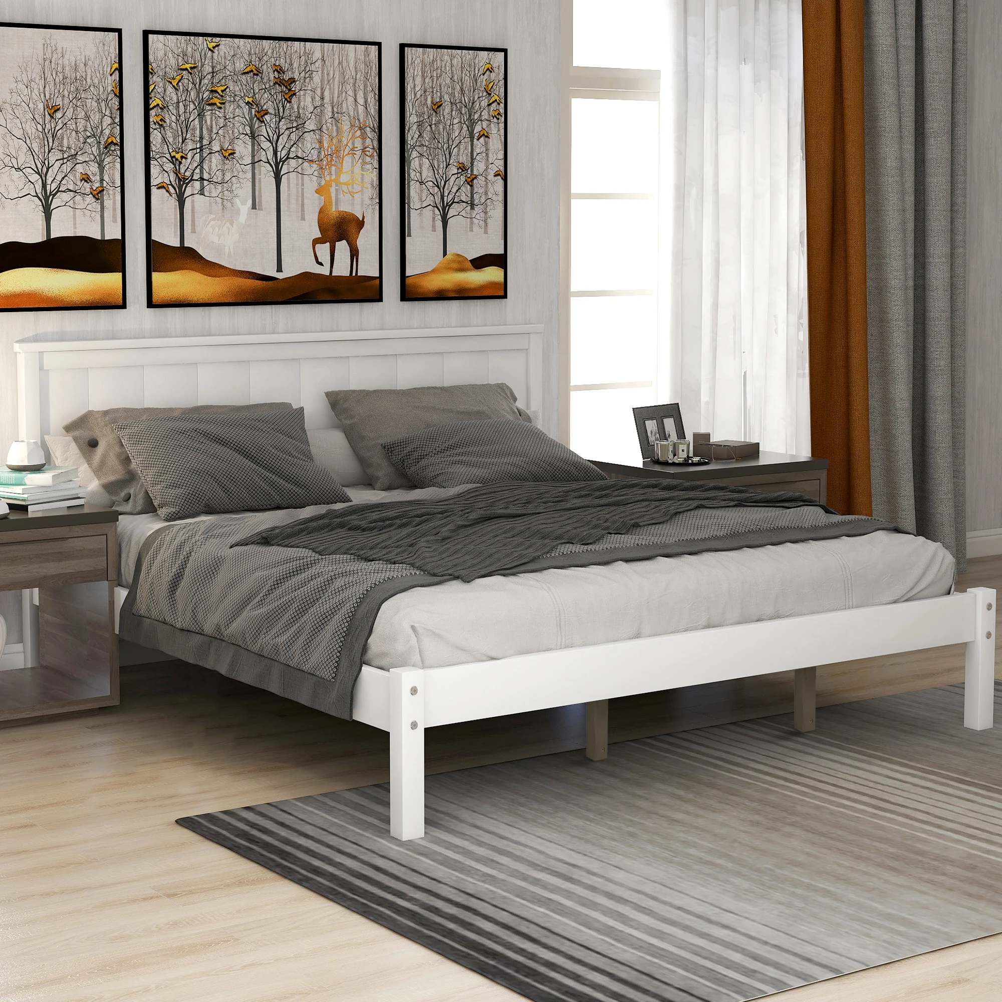 With Headboard Wood Slat Support No Box Spring Needed Easy Assembly White/espresso[us-stock]