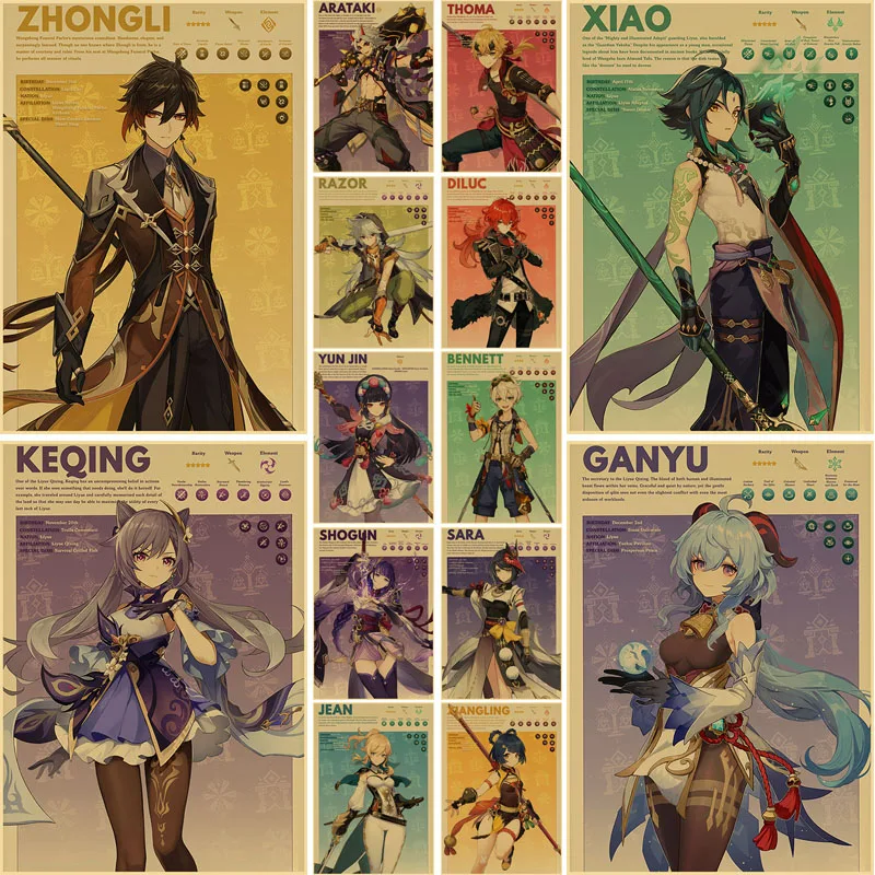 Аниме постеры Genshin Impact ретро крафт-бумага игра фигурка художественная живопись