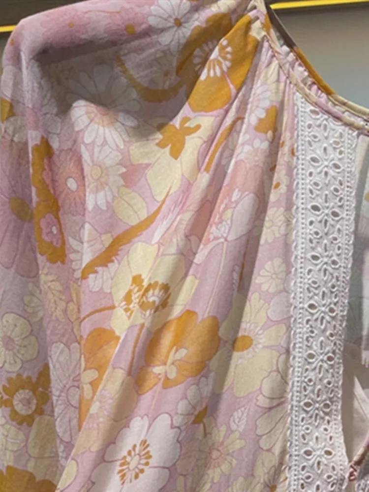 Women's Mini Dresses V-neck Ruffles Lace Stitching Lace-up Print Long Sleeve Loose Robe High Street