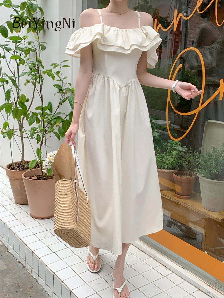 

Beiyingni Sexy Chic Spaghetti Strap Dress Woman Ruffles Off Shoulder Slim Fairy Long Mini Dresses Women Elegant Casual Vestidos