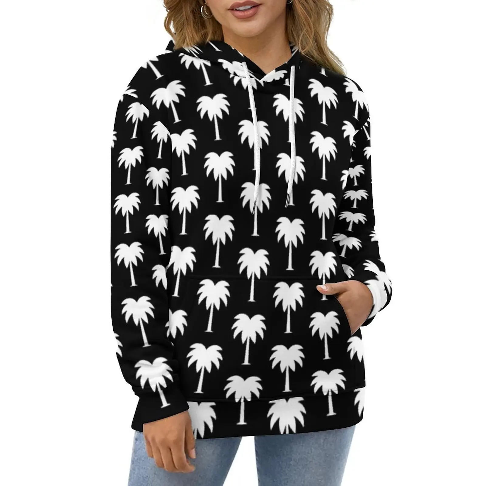

Tropical Palm Tree Hoodies Long Sleeve Black and White Aesthetic Casual Pullover Hoodie Street Style Oversize Loose Sweatshirts
