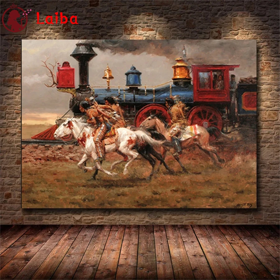 

Diamond Mosaic round drill Western Horse Train Cowboy Abstract Cross Stitch Diamond Art Painting Full Square Decor For Home