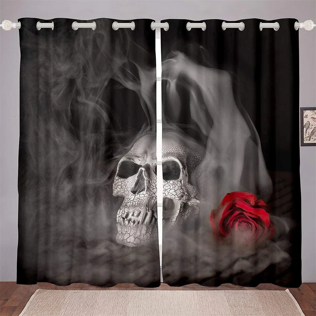 

3D Print Skeleton Punk Rose Horror Psychedelic 2 Pieces Thin Shading Curtain Living Room Bedroom Home Decor Hook