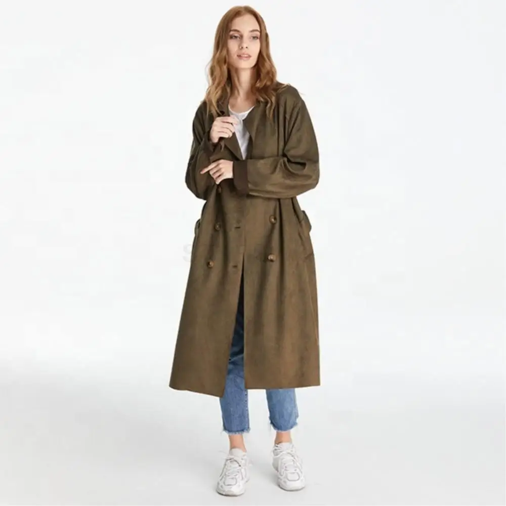 Women Winter Real Suede double-breasted Coat Long With Belted Pure Color Fashion Windbreaker Leisure Lapel Loose Jacket