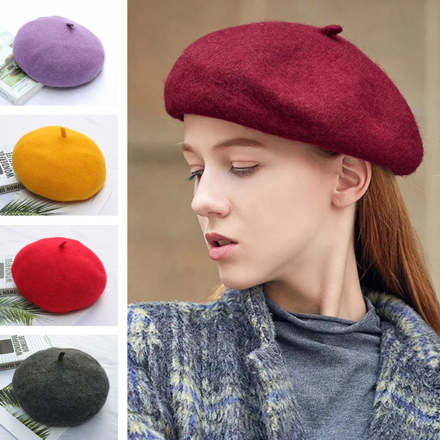 

Women Girl Beret Vintage Plain Female Beret Hats French Artist Warm Wool Winter Beanie Hat Cap Solid Color Lady Winter Caps
