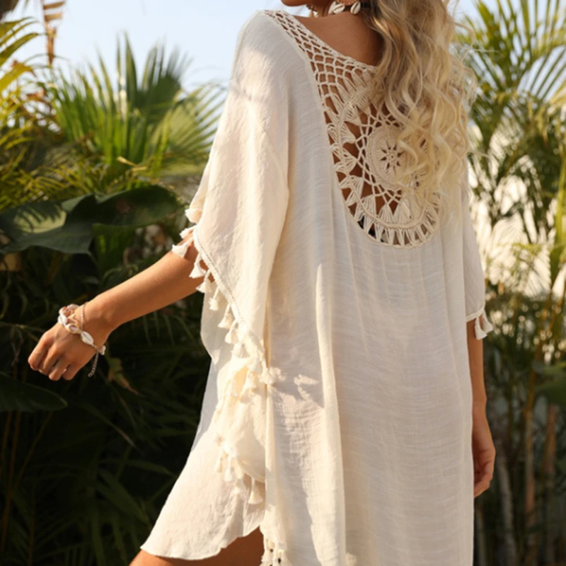 

Beach Style Beach Bikini Blouse Fringed Skirt Hand Hook Stitching Dress Beach Cover Up Coverup Swimwear Bathing Suit Cover Ups